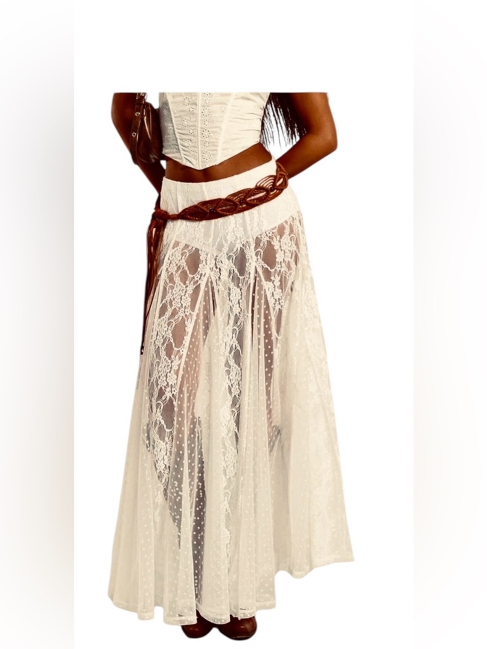 Sheer Lace Maxi Skirt in Cream with Built In Shorts